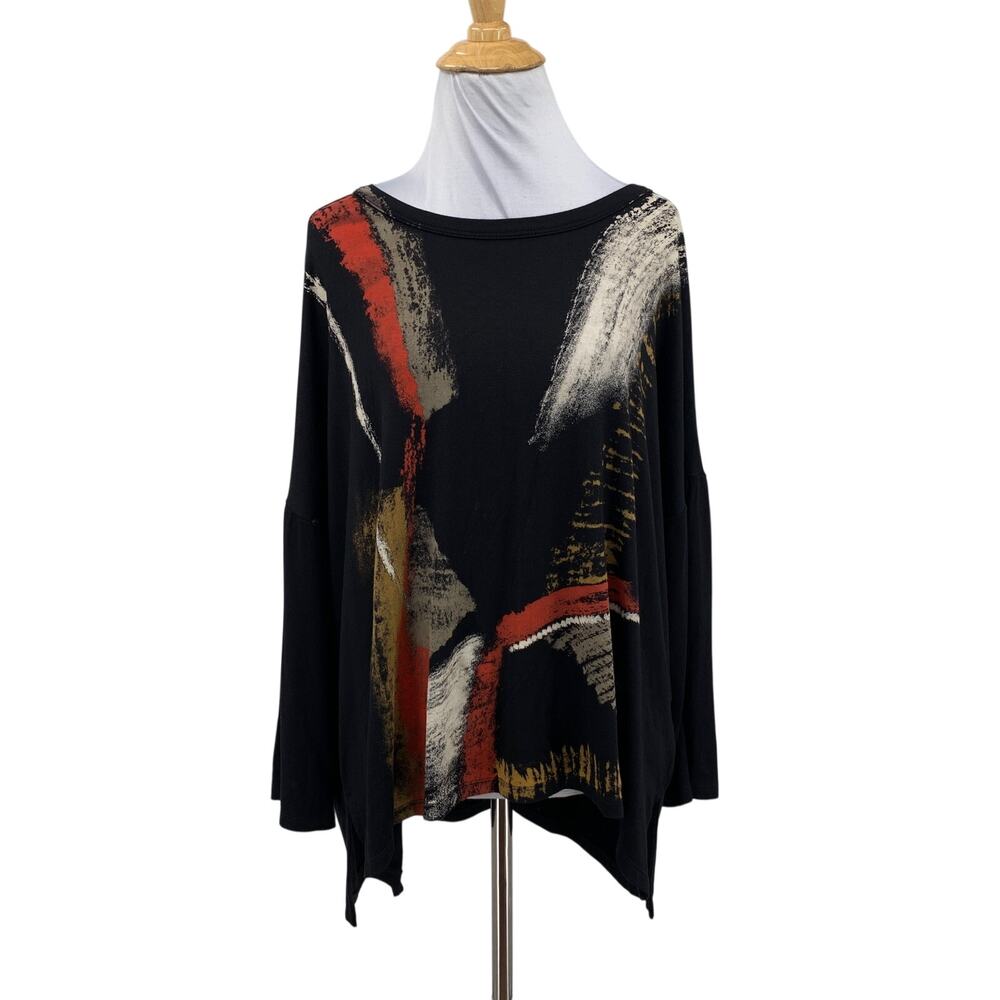 Jess & Jane Top Womens S Small Black Gilded Modal Print High Low Hem Long Sleeve